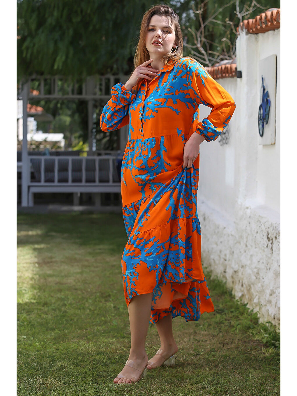 Turuncu-Mavi Gömlek Yaka Balon Kol Düğmeli Casual Viskon Dokuma Elbise 140 65-5