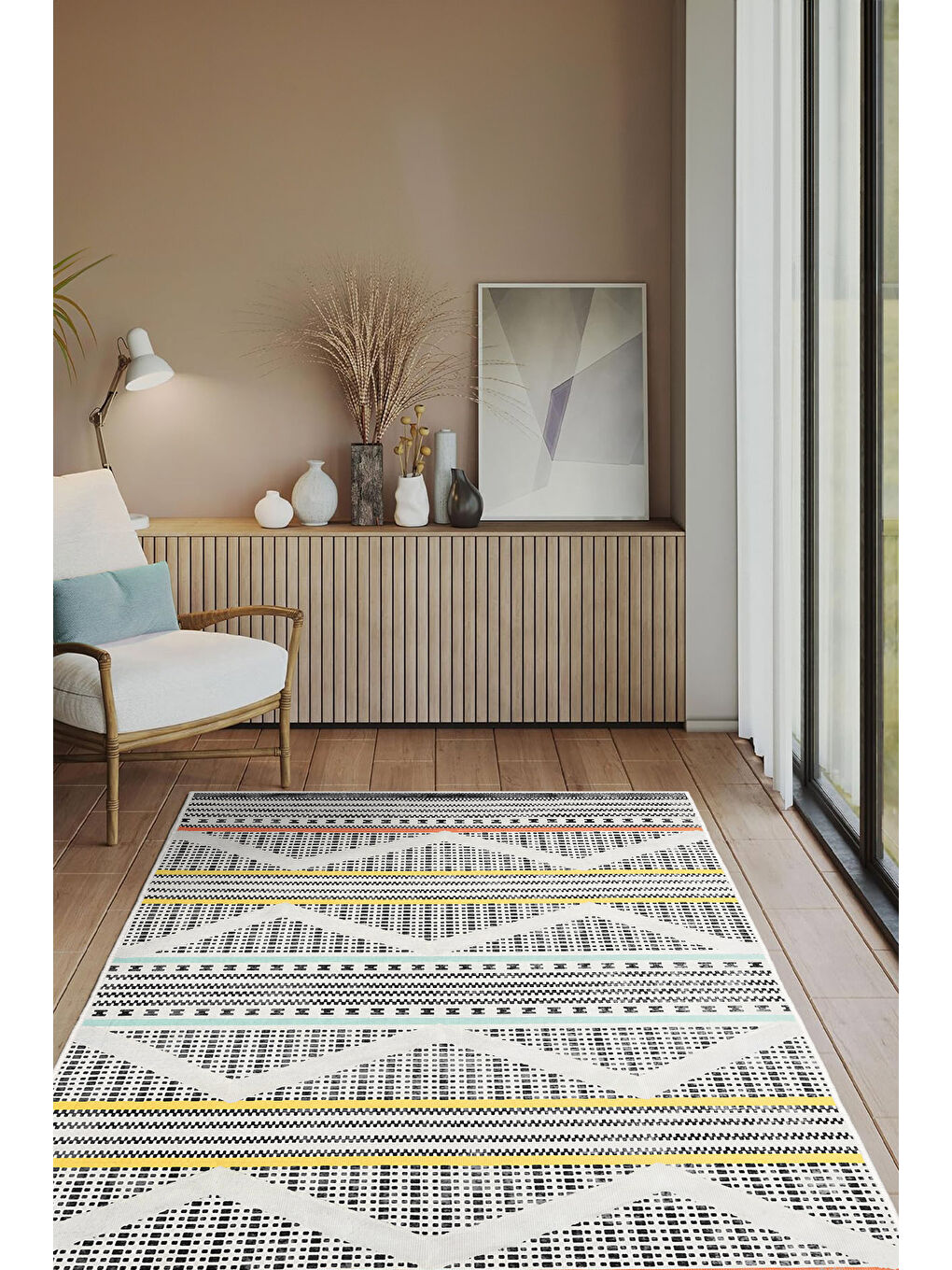 Beyaz Dekoratif Özel Tasarım Yıkanabilir İnce Kaymaz Tabanlı Modern Halı KECE FR37-2