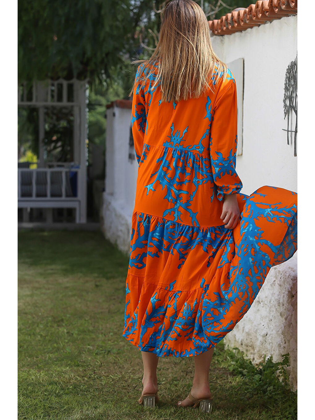 Turuncu-Mavi Gömlek Yaka Balon Kol Düğmeli Casual Viskon Dokuma Elbise 140 65-6