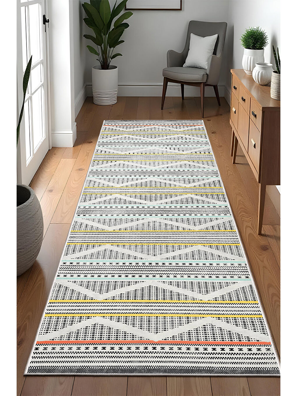 Beyaz Dekoratif Özel Tasarım Yıkanabilir İnce Kaymaz Tabanlı Modern Halı KECE FR37-4