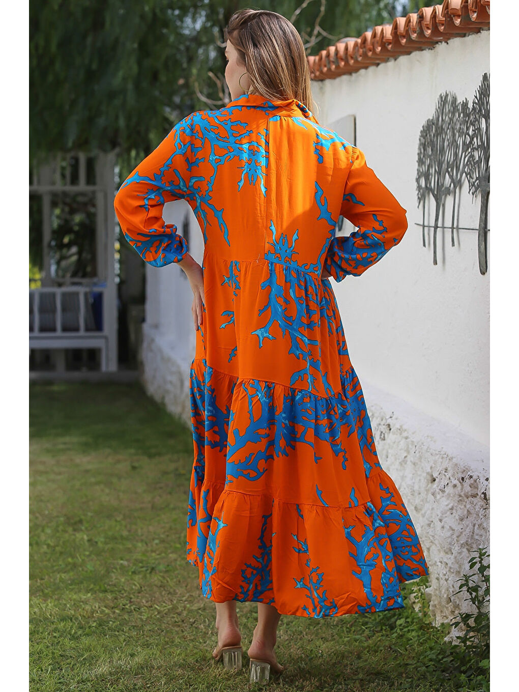 Turuncu-Mavi Gömlek Yaka Balon Kol Düğmeli Casual Viskon Dokuma Elbise 140 65-7