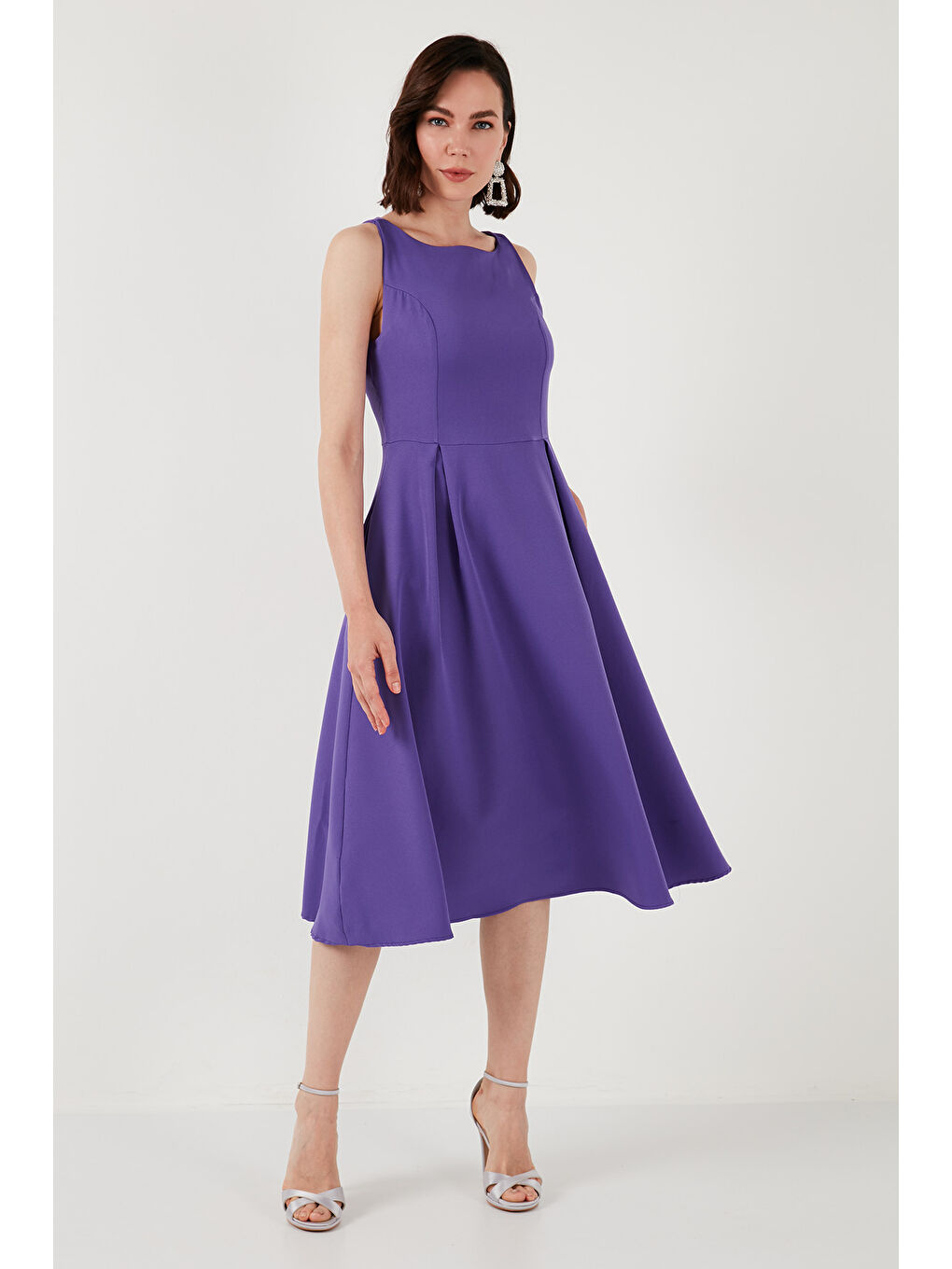 Mor Regular Fit Bisiklet Yaka Cepli Pileli Midi Boy Kadın Elbise 6111963-2