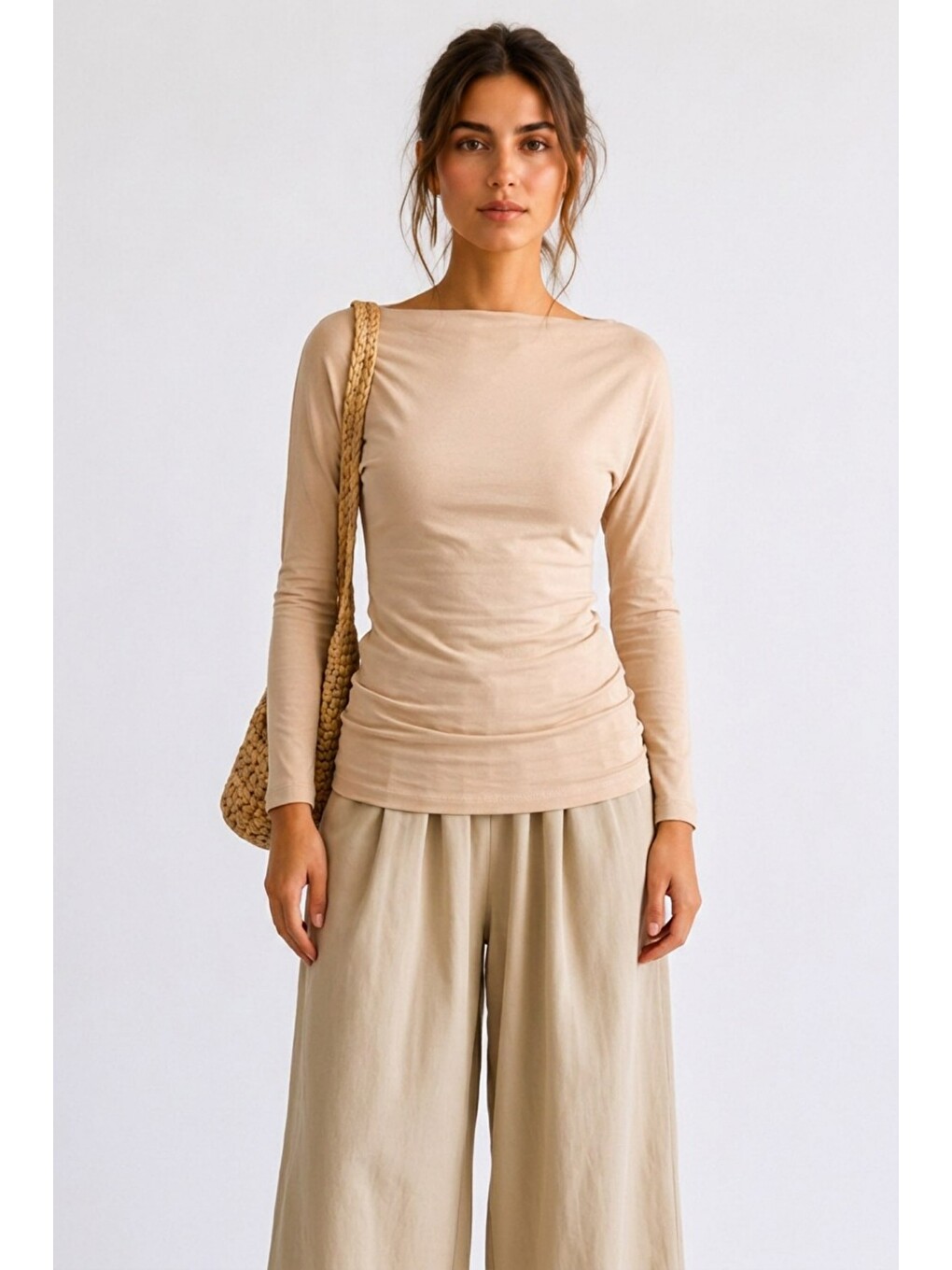 Kadın Crop Bodycone Uzun Kollu Bej Bluz-1