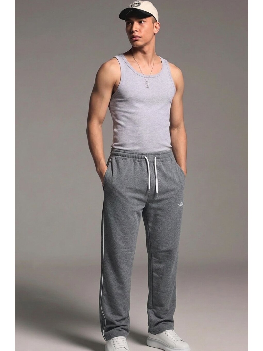 Gri Erkek Premium Comfort Baskılı Bol Füme Eşofman Altı