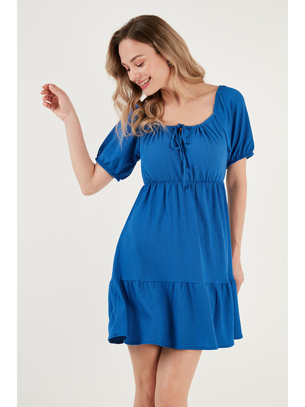 Mavi Önü Büzgülü Balon Kollu Mini Elbise 5869005-2