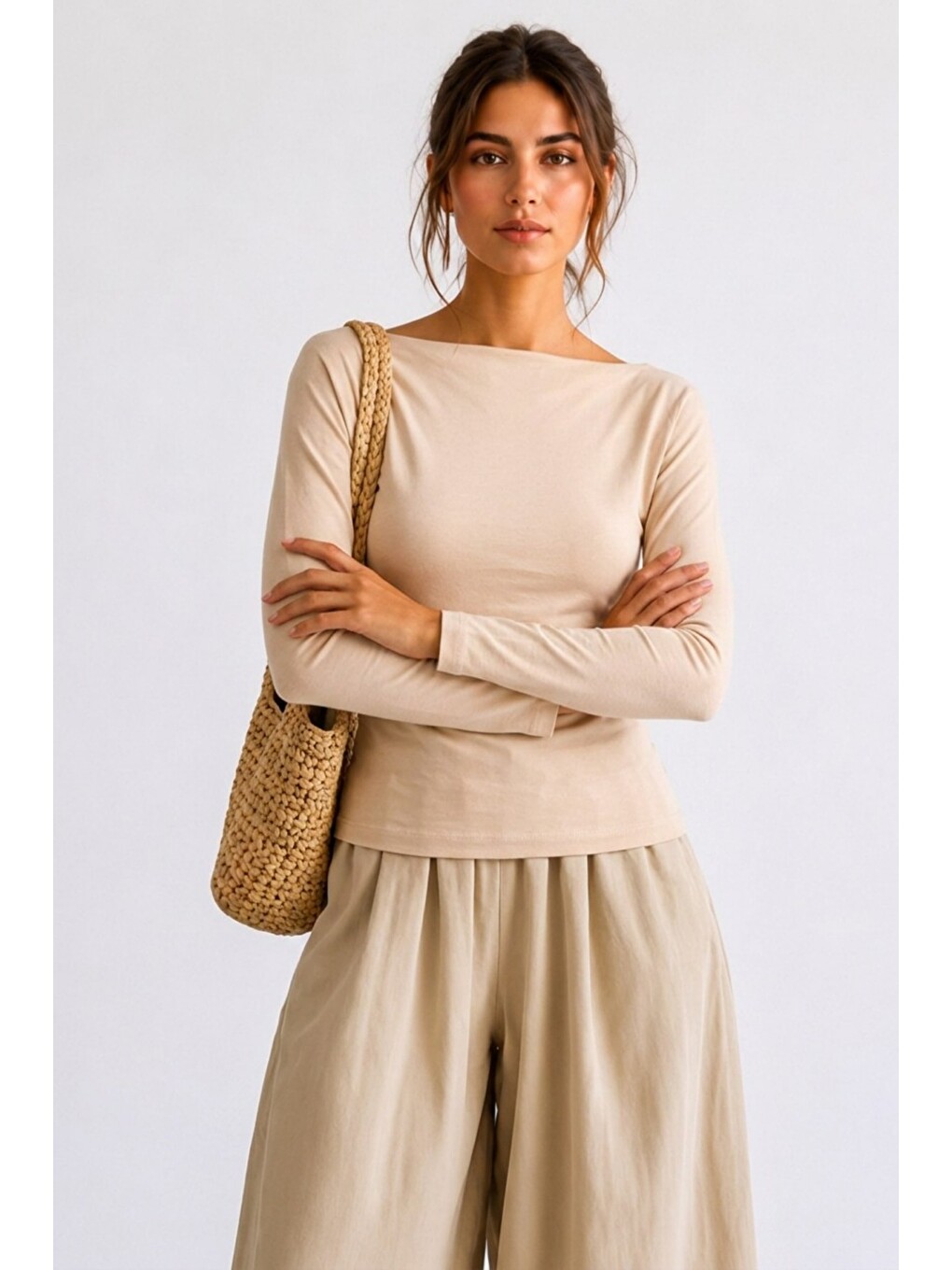 Kadın Crop Bodycone Uzun Kollu Bej Bluz-2