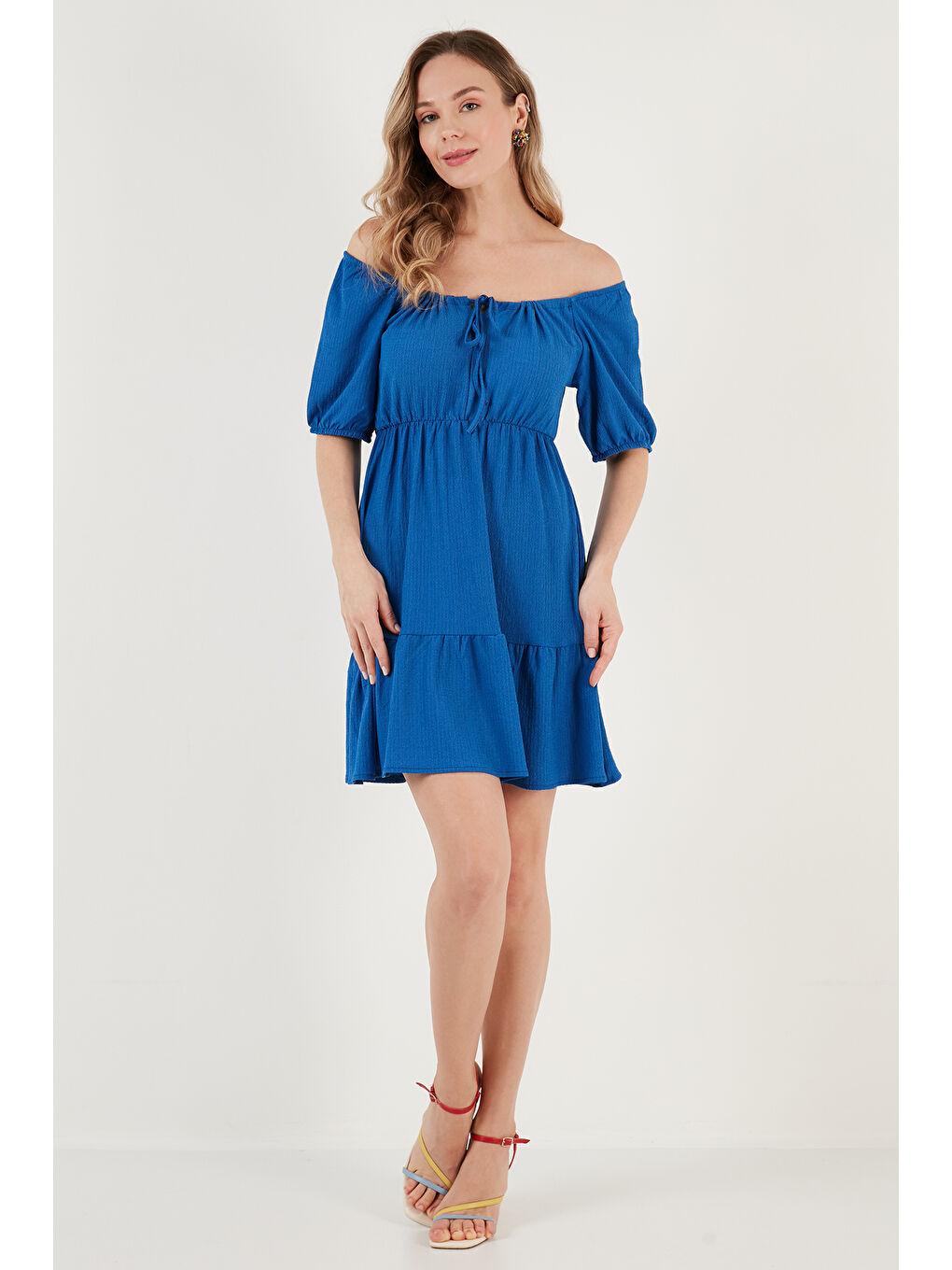 Mavi Önü Büzgülü Balon Kollu Mini Elbise 5869005-3
