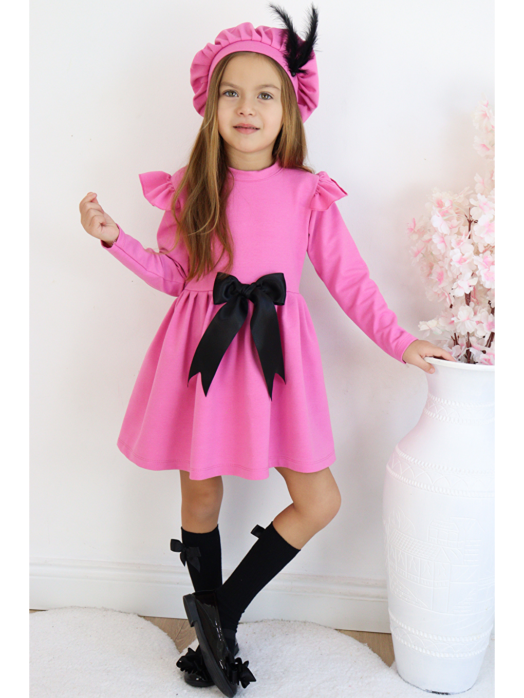 Kız Çocuk Pembe Sofia Pamuklu Fiyonk Detaylı Elbise Kep Abiye Takım-6