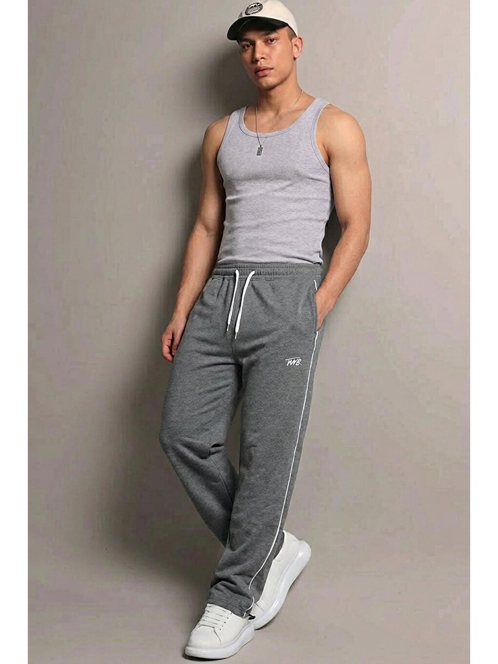 Gri Erkek Premium Comfort Baskılı Bol Füme Eşofman Altı-2