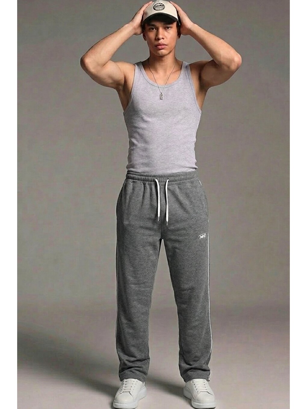 Gri Erkek Premium Comfort Baskılı Bol Füme Eşofman Altı-3