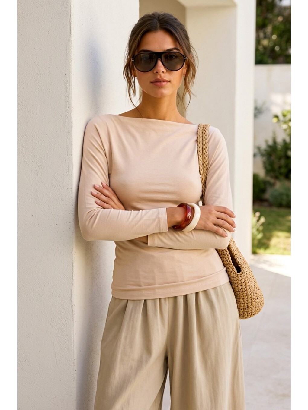 Kadın Crop Bodycone Uzun Kollu Bej Bluz-3