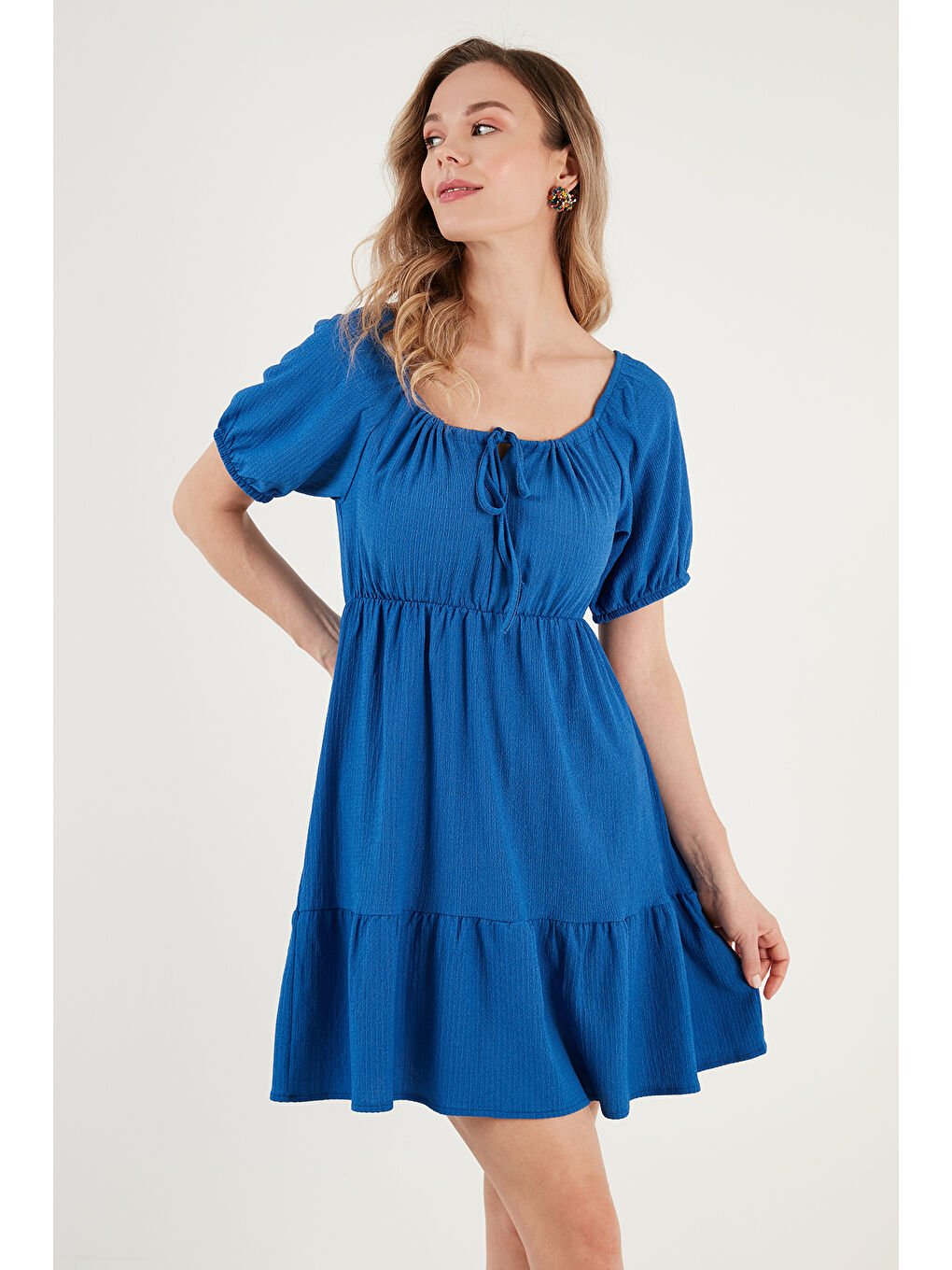 Mavi Önü Büzgülü Balon Kollu Mini Elbise 5869005-4