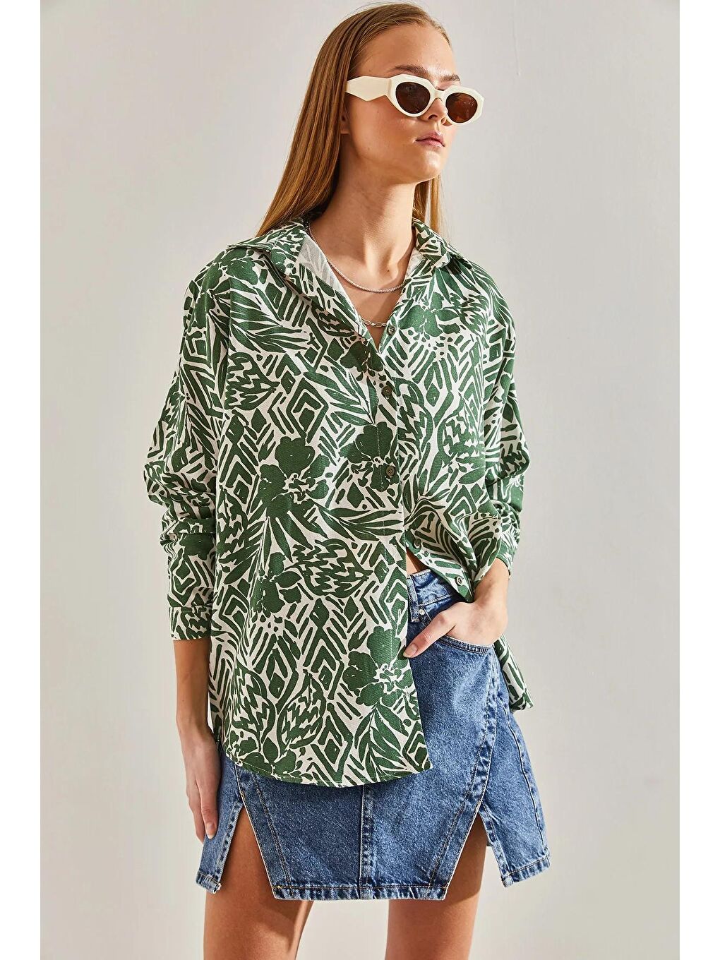Yeşil Kadın Yaprak Desenli Salaş Keten Gömlek 60101019