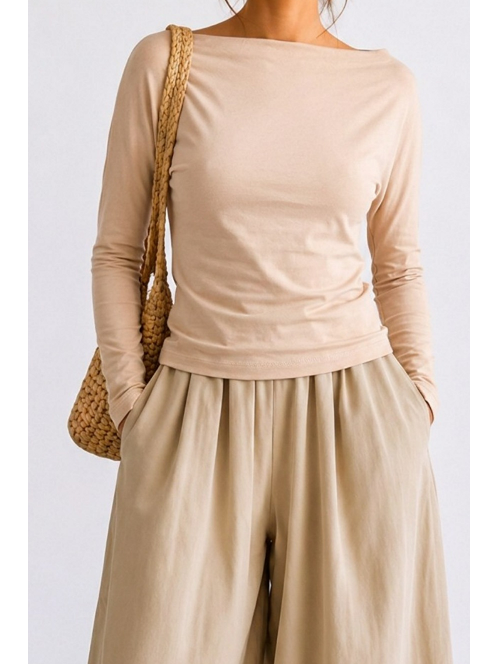 Kadın Crop Bodycone Uzun Kollu Bej Bluz-4