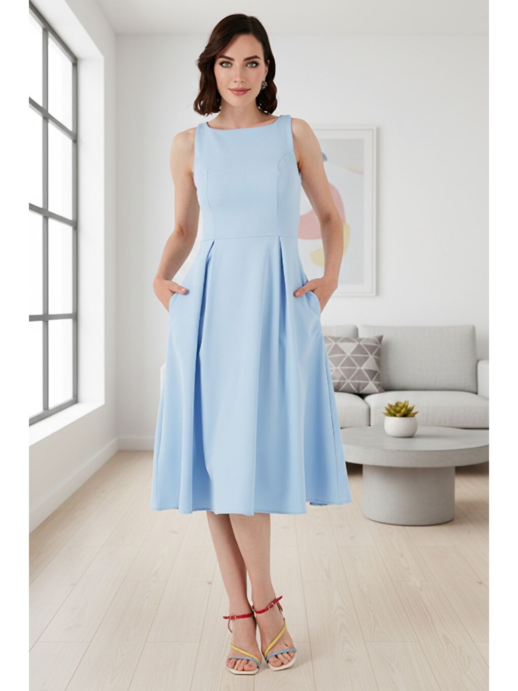 Mavi Regular Fit Bisiklet Yaka Cepli Pileli Midi Boy Kadın Elbise 6111963