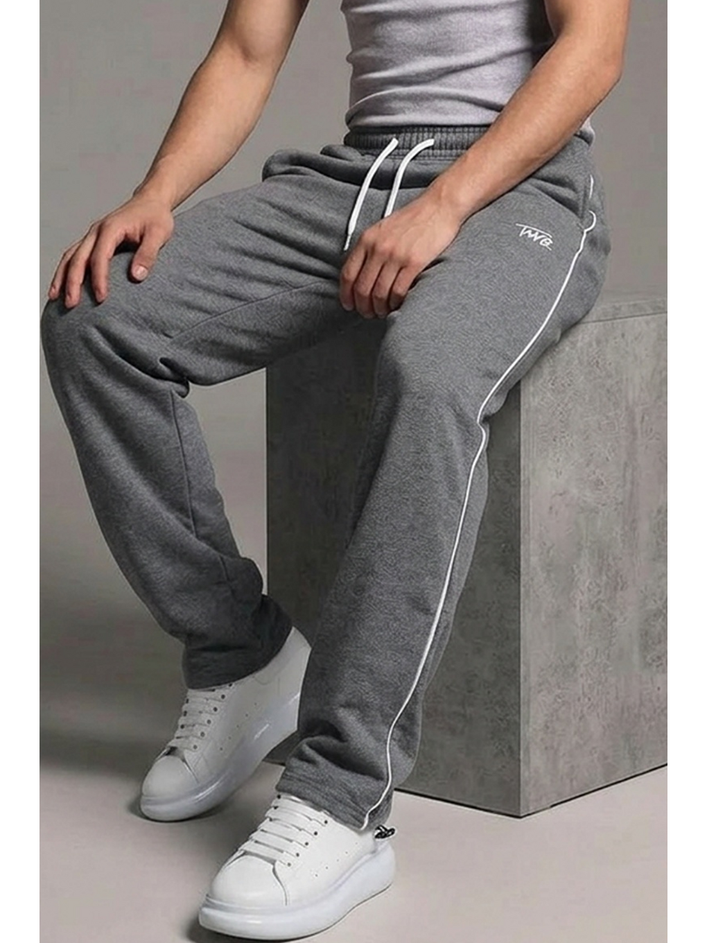 Gri Erkek Premium Comfort Baskılı Bol Füme Eşofman Altı-5
