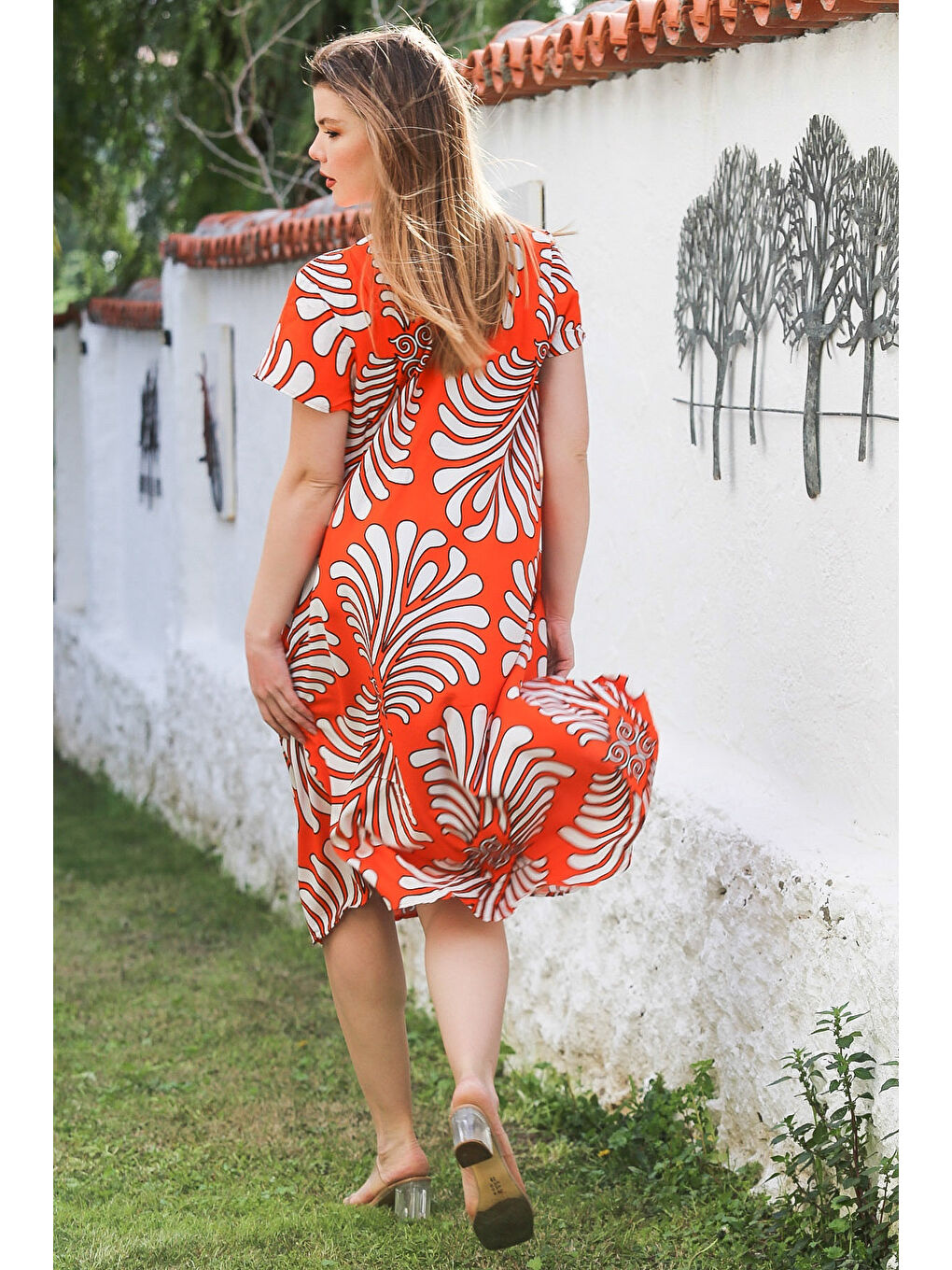 Turuncu V Yaka Düşük Kol Allover Baskılı Casual Viskon Dokuma Elbise 115 66-5