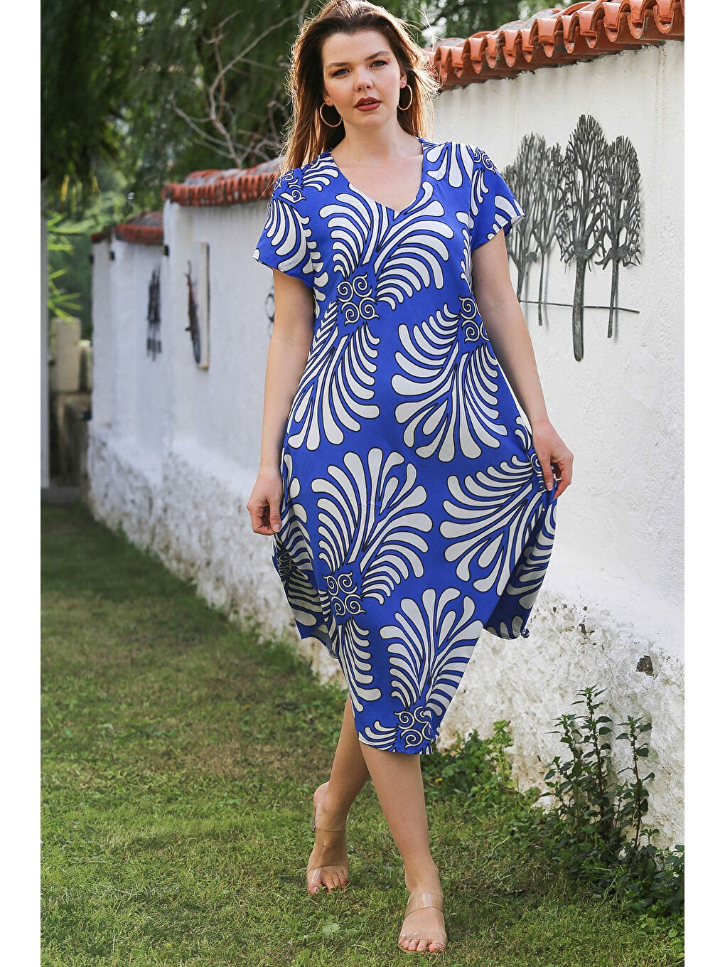 Mavi V Yaka Düşük Kol Casual Viskon Dokuma Elbise 115 66-1