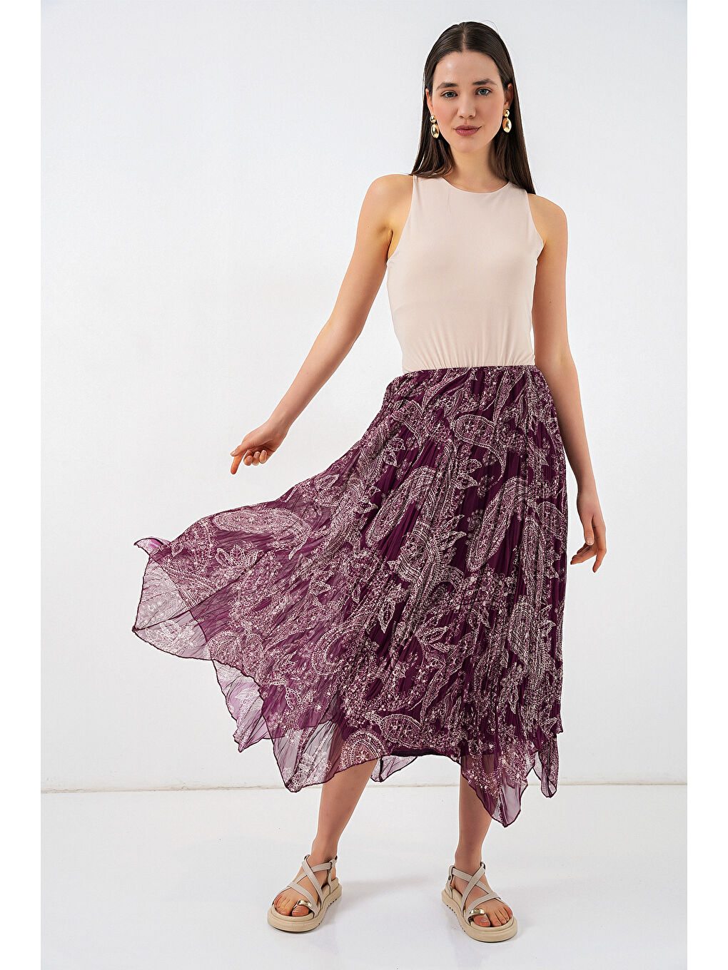 Kadın Asimetrik Tül Şifon Etek 8061 - Mürdüm-2