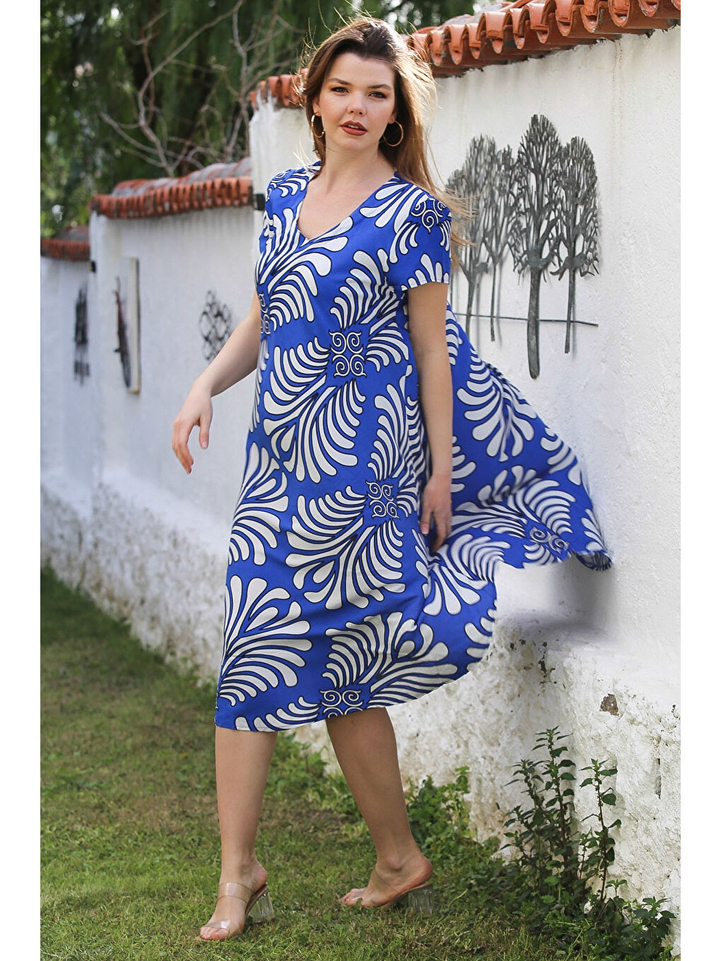 Mavi V Yaka Düşük Kol Casual Viskon Dokuma Elbise 115 66-2