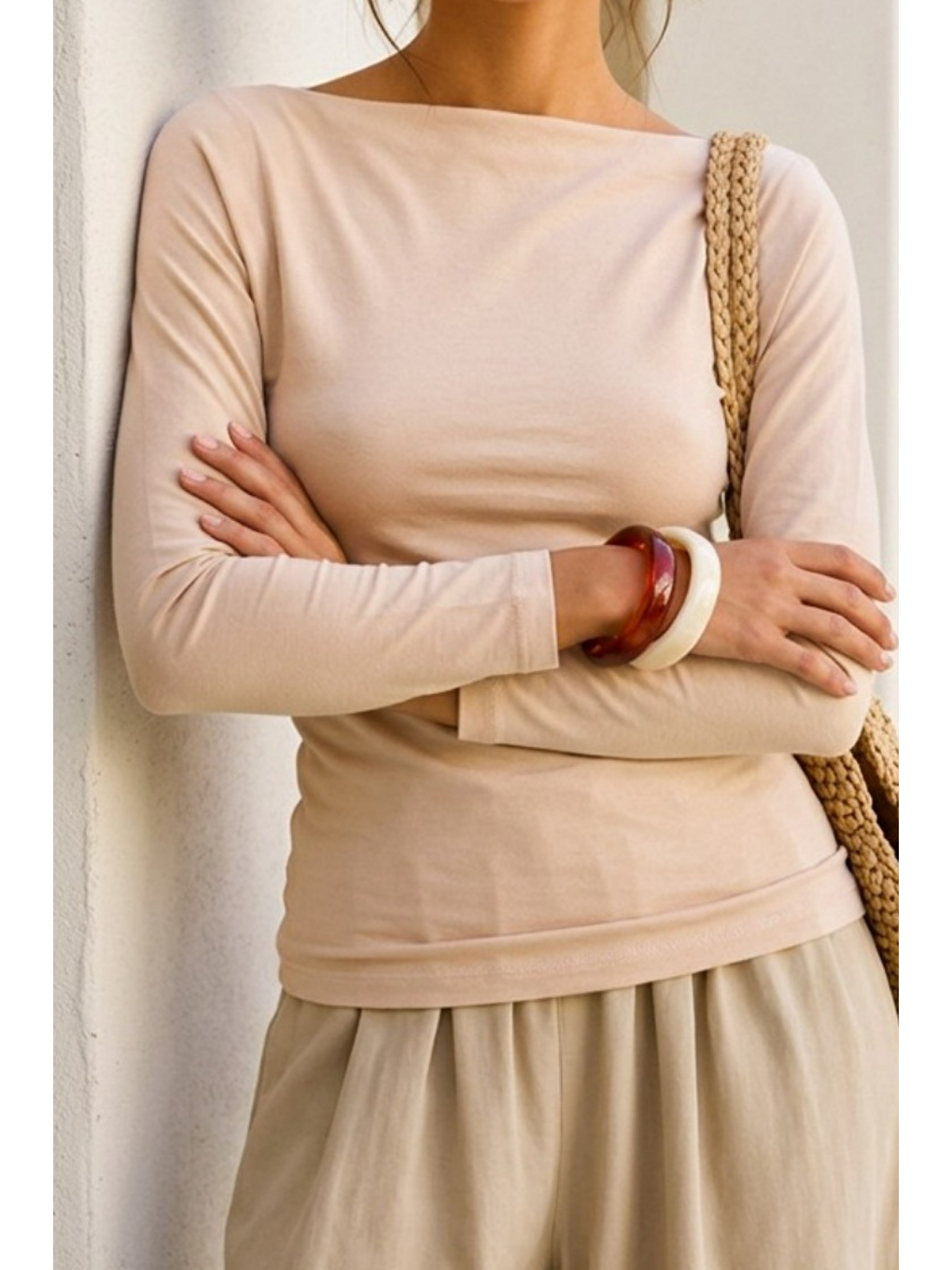 Kadın Crop Bodycone Uzun Kollu Bej Bluz-5
