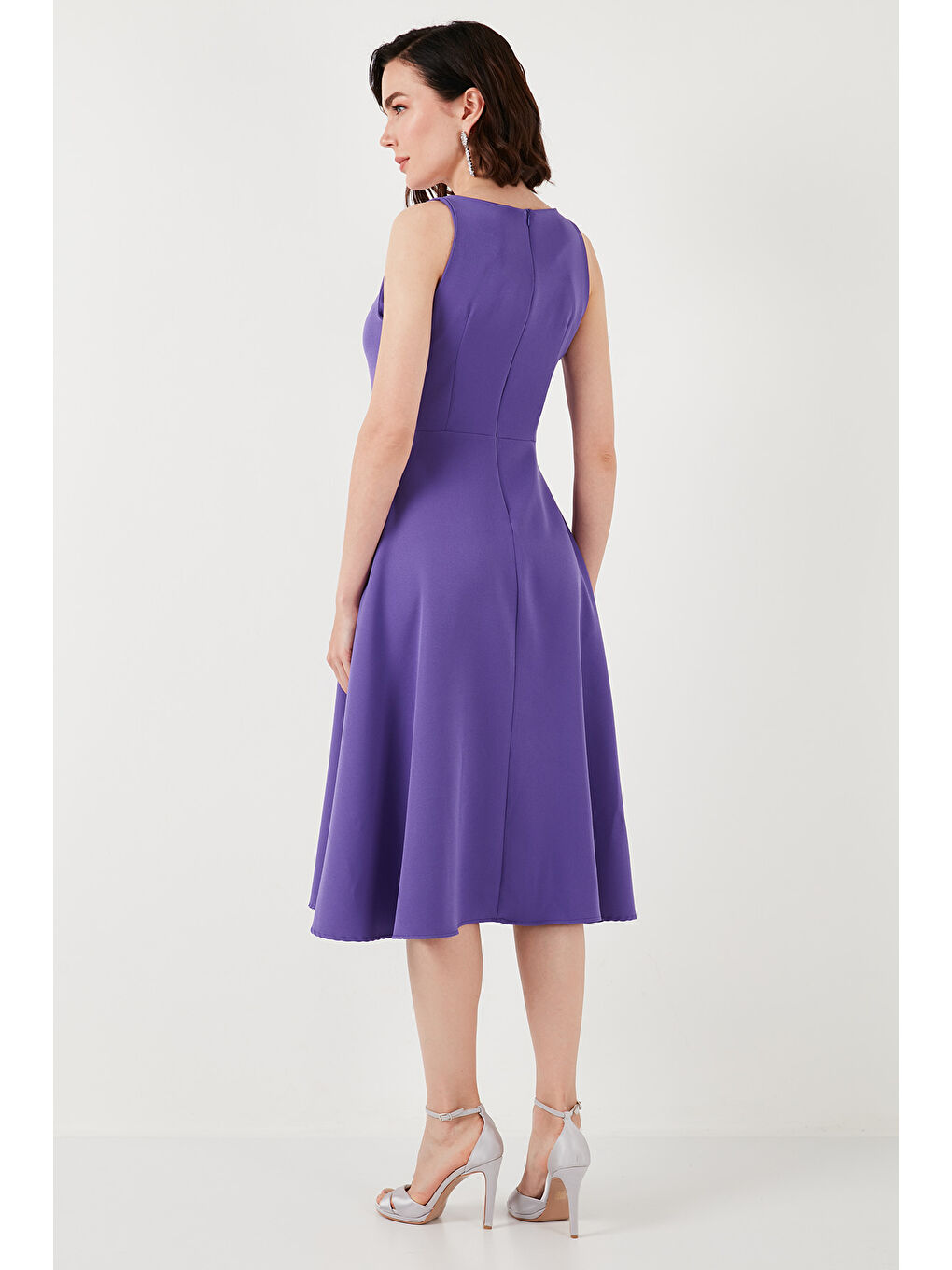 Mor Regular Fit Bisiklet Yaka Cepli Pileli Midi Boy Kadın Elbise 6111963-4