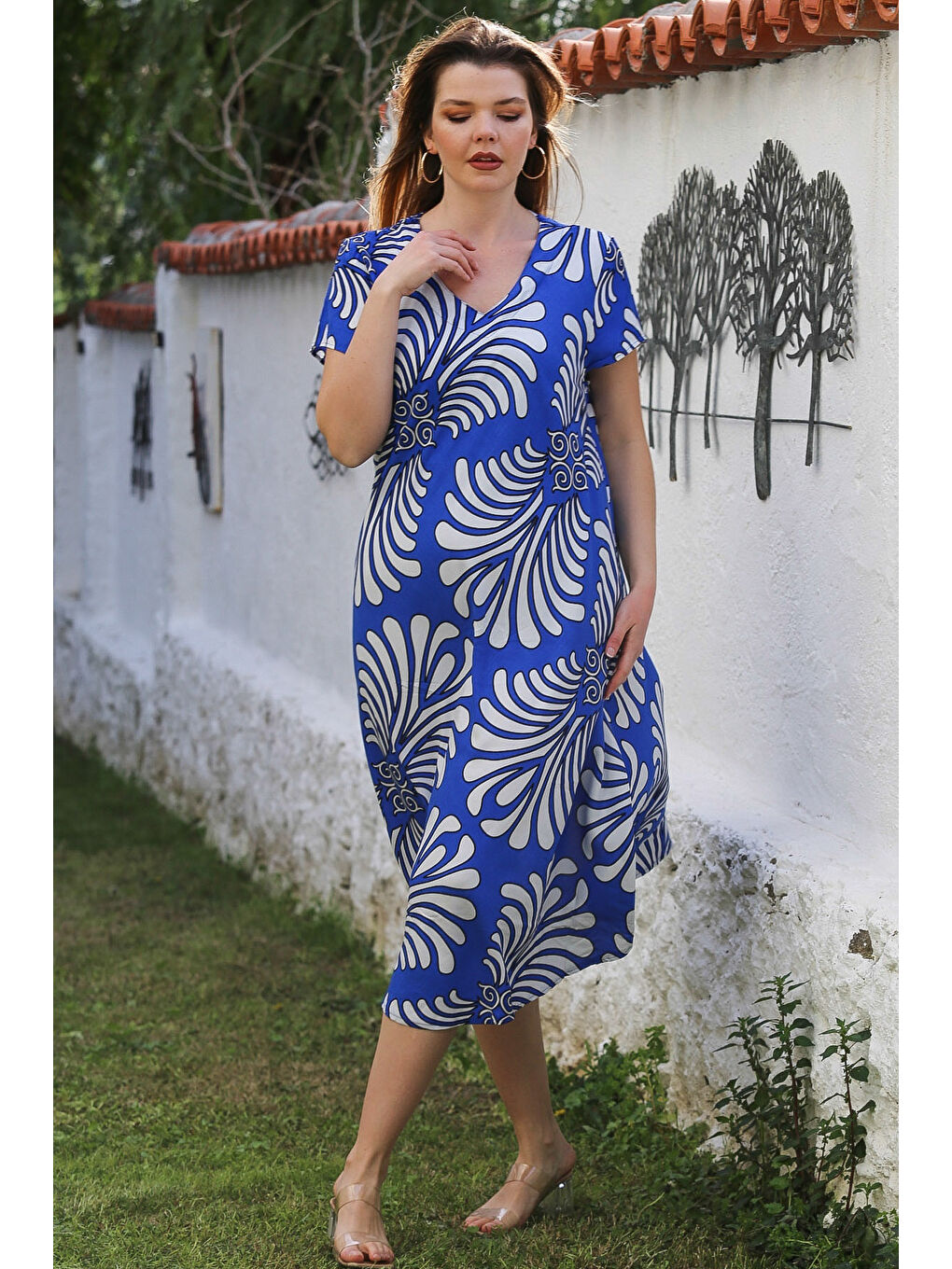 Mavi V Yaka Düşük Kol Casual Viskon Dokuma Elbise 115 66-5