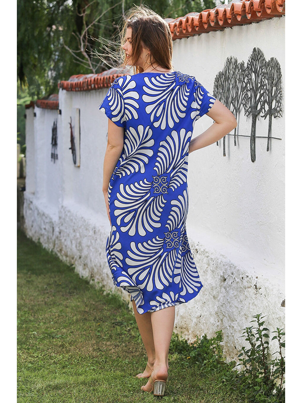 Mavi V Yaka Düşük Kol Casual Viskon Dokuma Elbise 115 66-7