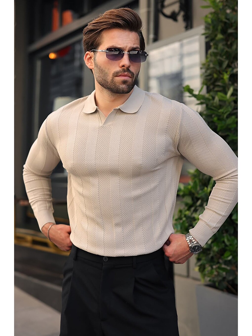 Bej Taş Rengi Regular Fit Polo Yaka Triko Erkek Kazak E7509-3