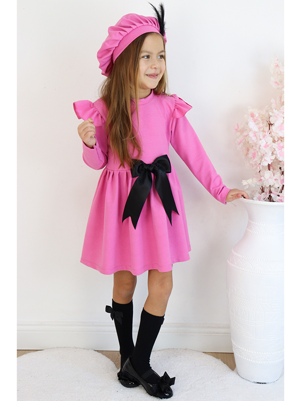 Kız Çocuk Pembe Sofia Pamuklu Fiyonk Detaylı Elbise Kep Abiye Takım-7