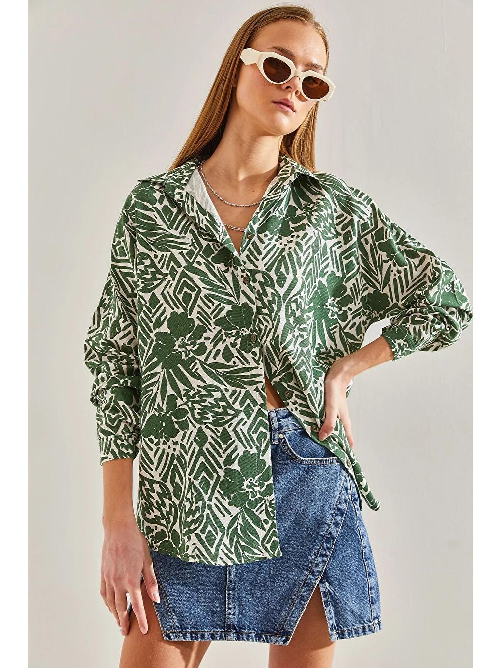 Yeşil Kadın Yaprak Desenli Salaş Keten Gömlek 60101019-2