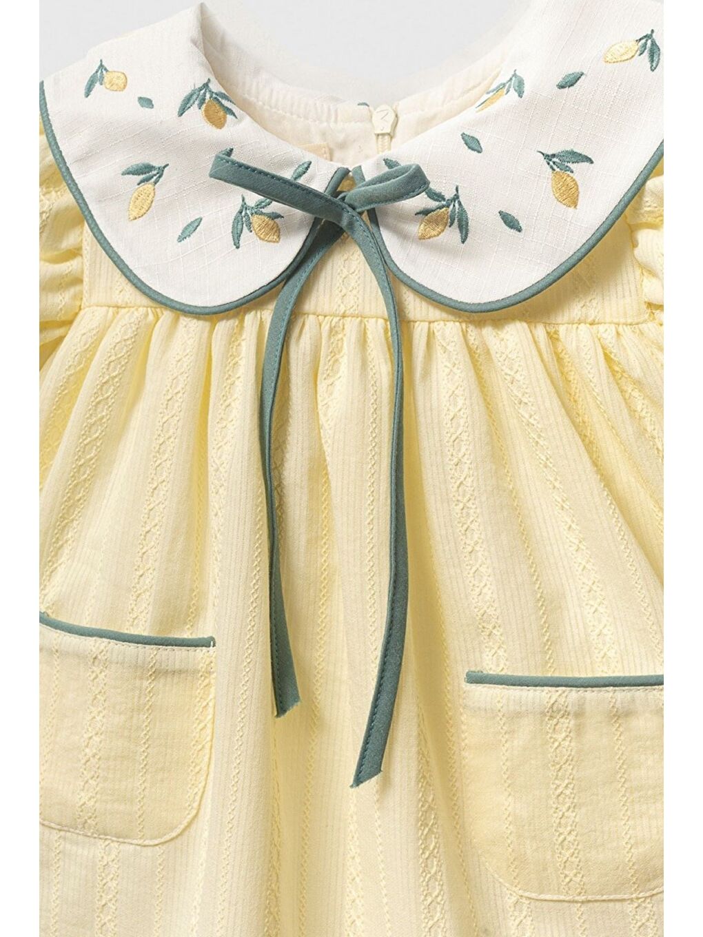Vintage Tarz Limon İşlemeli Fiyonk Detaylı Sarı Elbise-1