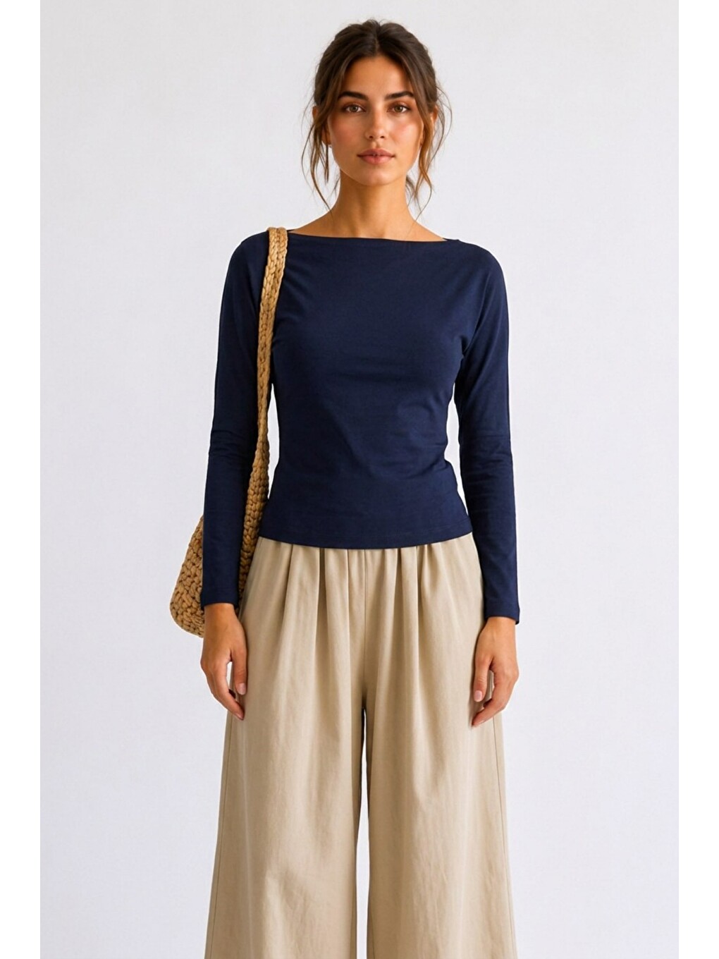 Kadın Crop Bodycone Uzun Kollu Lacivert Bluz-1