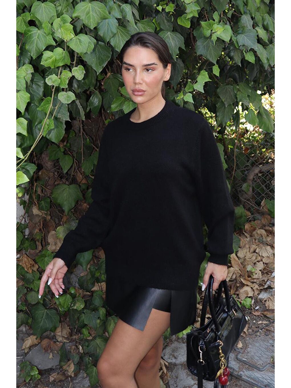 Siyah Bisiklet Yaka Kadın Triko Kazak Mg2494-1