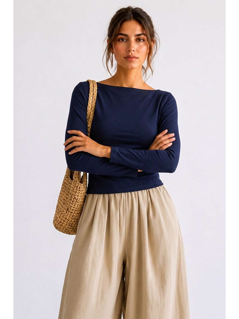 Kadın Crop Bodycone Uzun Kollu Lacivert Bluz-2