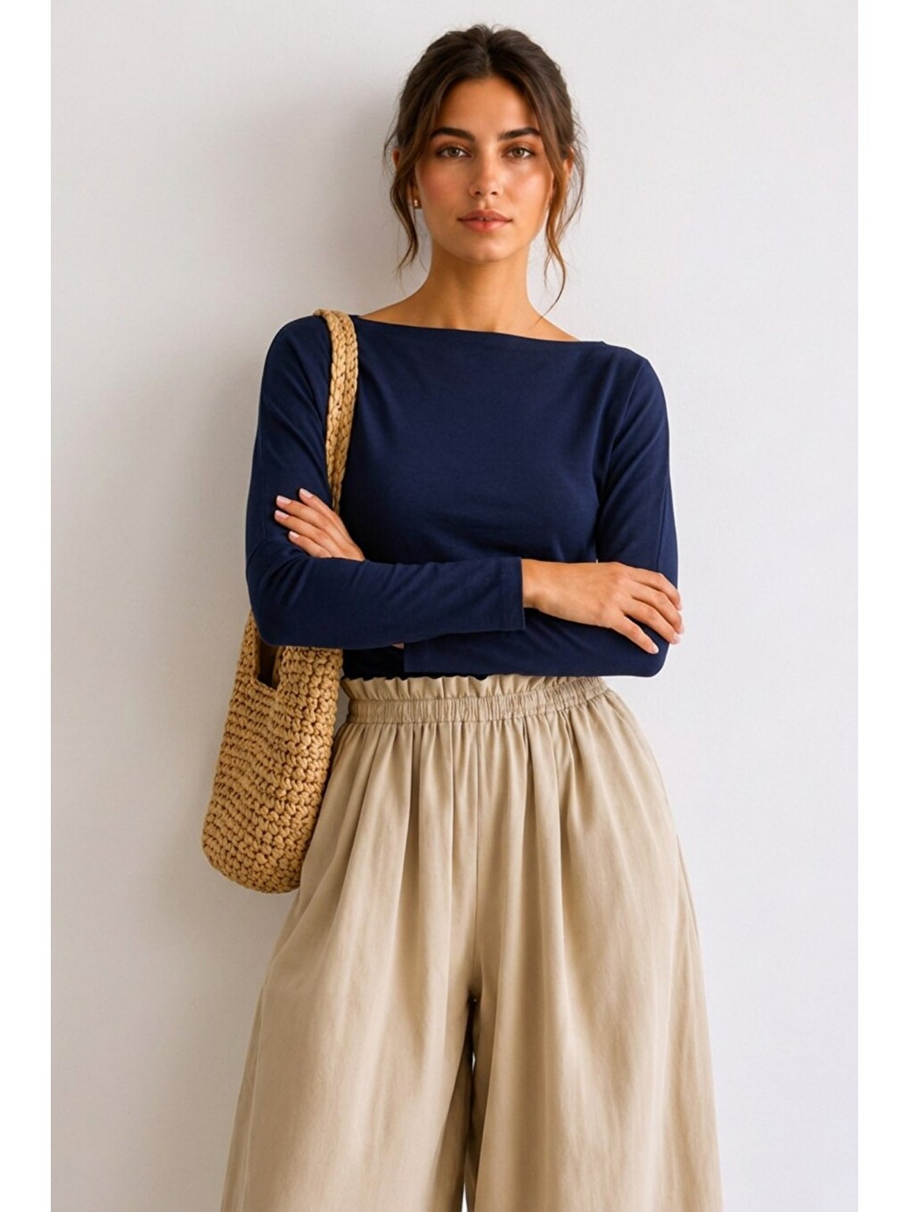 Kadın Crop Bodycone Uzun Kollu Lacivert Bluz-3