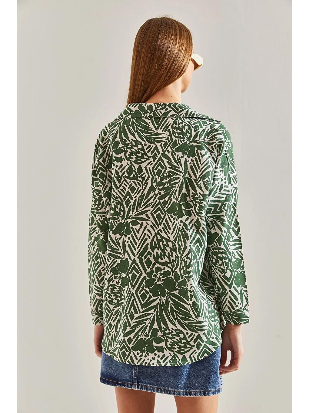 Yeşil Kadın Yaprak Desenli Salaş Keten Gömlek 60101019-4