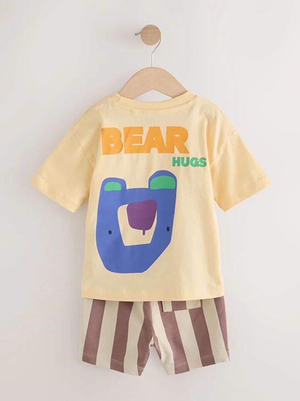 Karışık Erkek Çocuk Pamuklu Sarı Ayı Baskılı T-Shirt Ve Çizgili Şort Takım - Yazlık-2