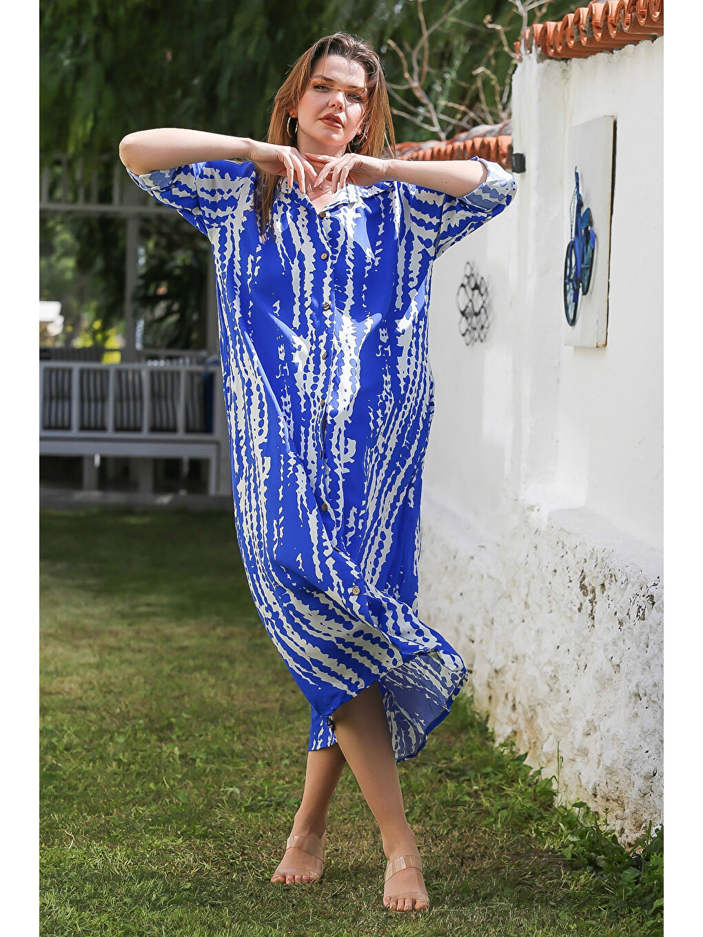 Mavi Gömlek Yaka Düğmeli Uzun Kollu Gizli Cepli Allover Baskılı Viskon Dokuma Elbise 130 60-1