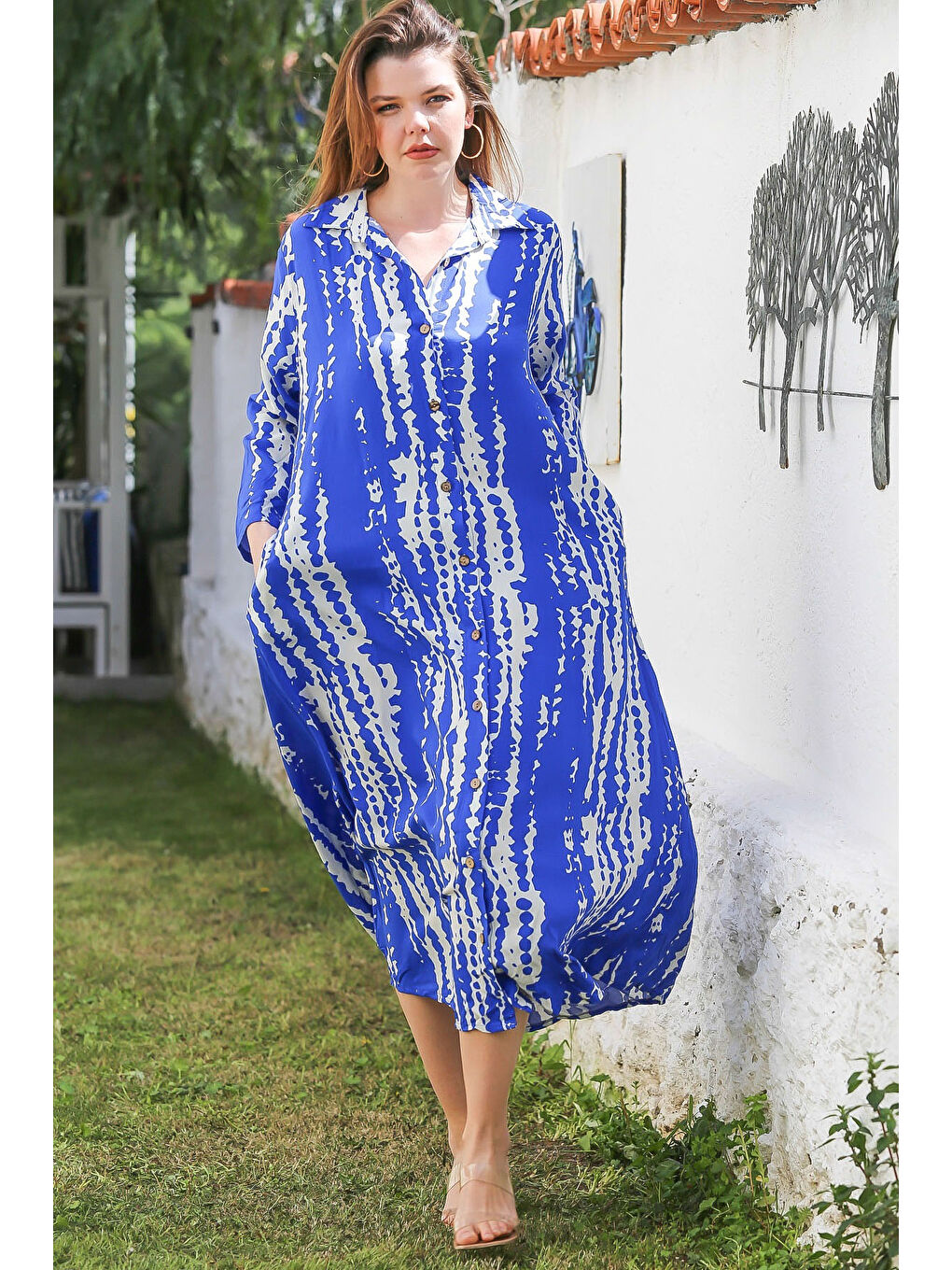 Mavi Gömlek Yaka Düğmeli Uzun Kollu Gizli Cepli Allover Baskılı Viskon Dokuma Elbise 130 60-2