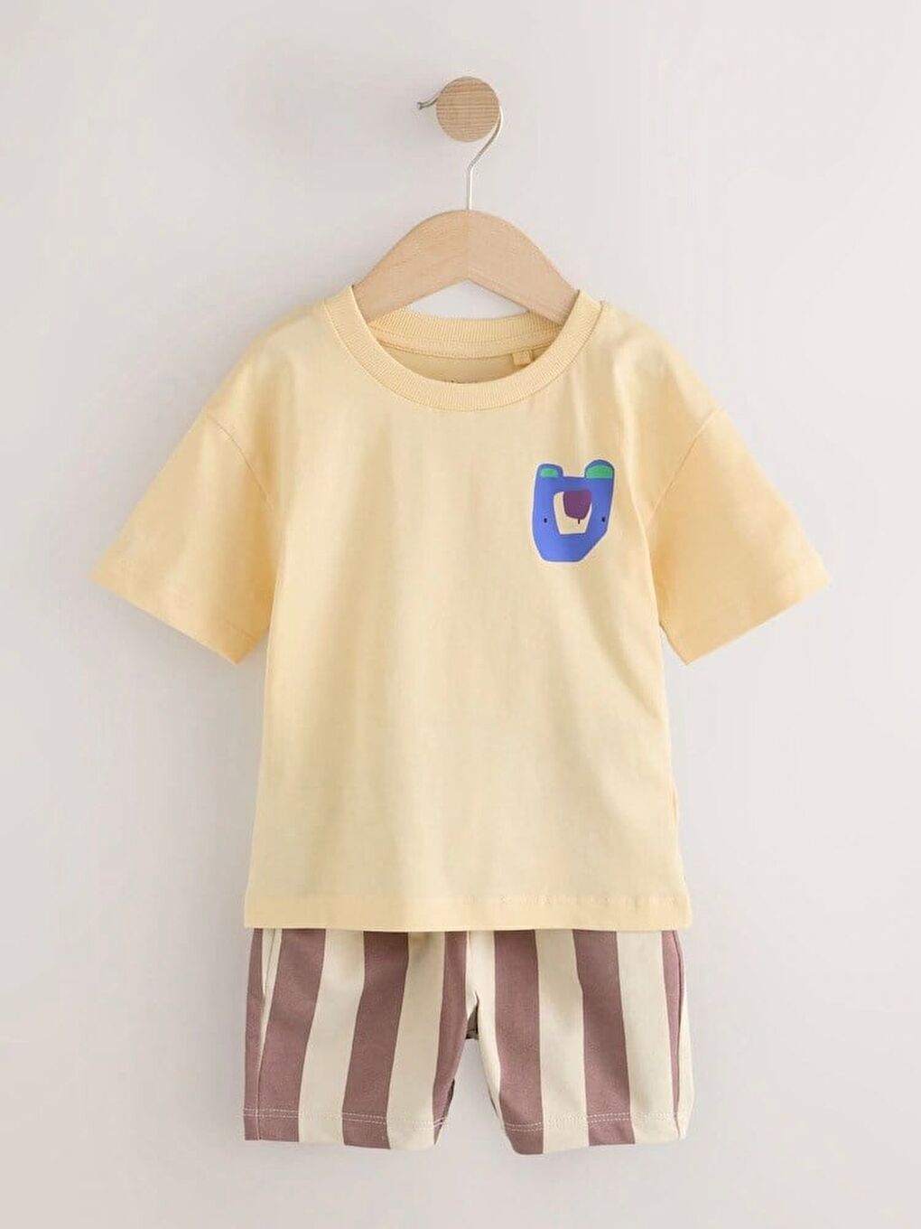 Karışık Erkek Çocuk Pamuklu Sarı Ayı Baskılı T-Shirt Ve Çizgili Şort Takım - Yazlık-4