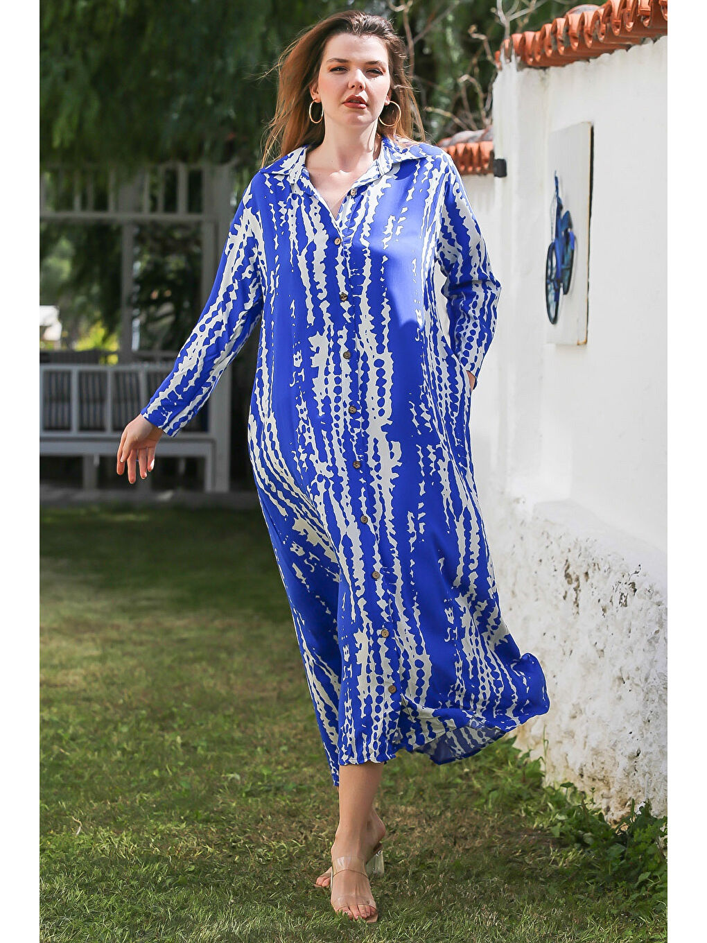 Mavi Gömlek Yaka Düğmeli Uzun Kollu Gizli Cepli Allover Baskılı Viskon Dokuma Elbise 130 60-3