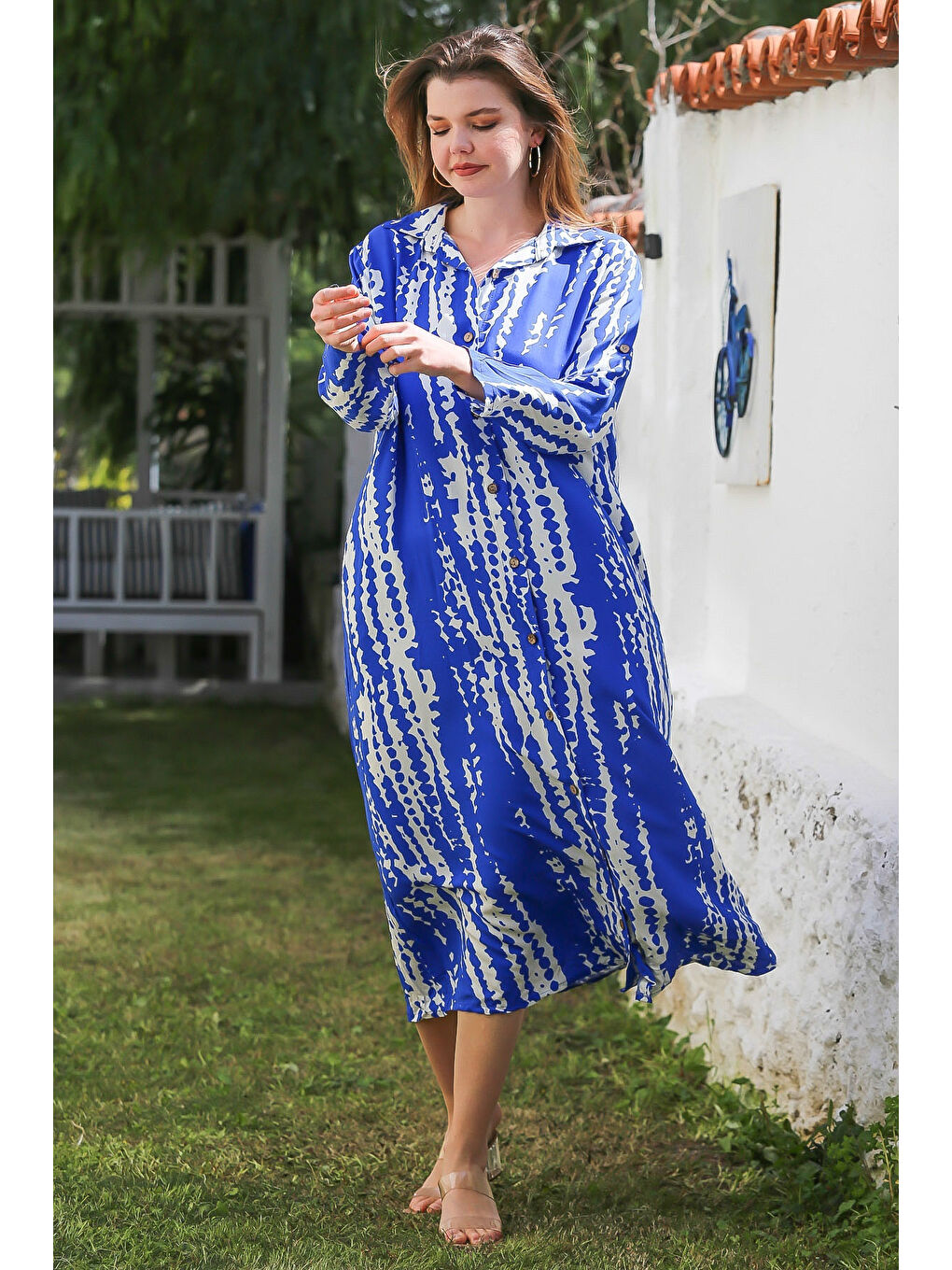 Mavi Gömlek Yaka Düğmeli Uzun Kollu Gizli Cepli Allover Baskılı Viskon Dokuma Elbise 130 60-4