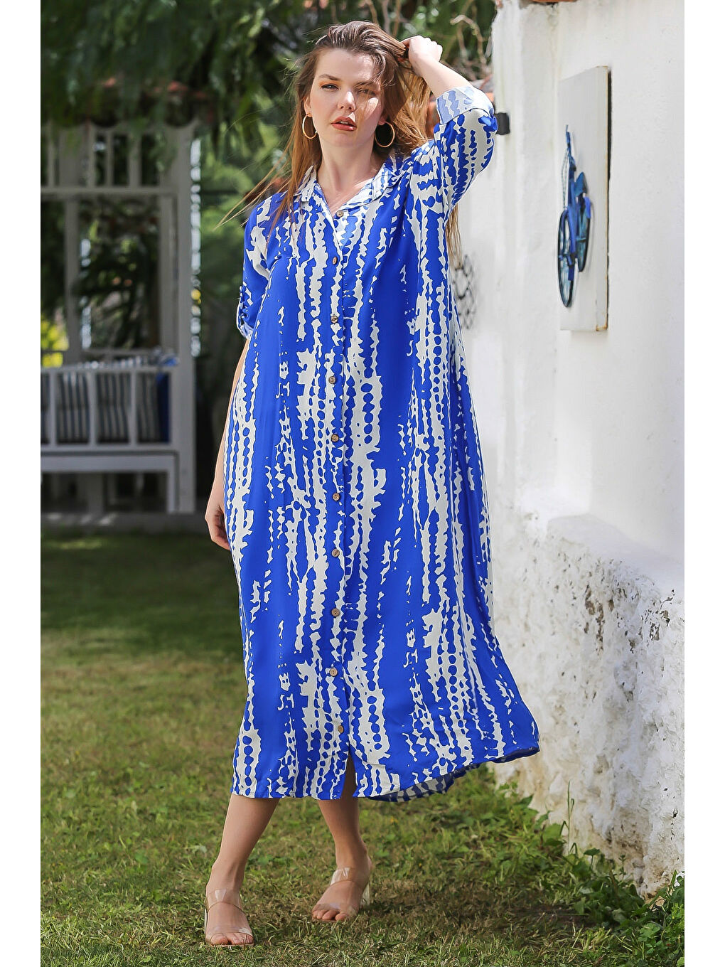 Mavi Gömlek Yaka Düğmeli Uzun Kollu Gizli Cepli Allover Baskılı Viskon Dokuma Elbise 130 60-5