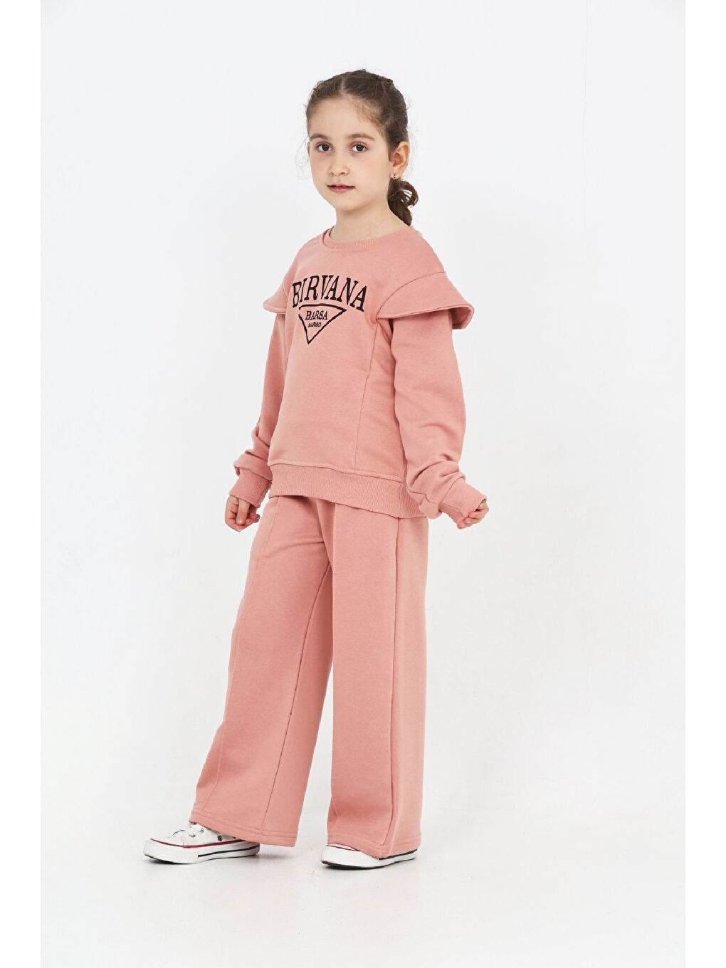 Pembe Kız Çocuk Omuz Vatka Detaylı 3 İplik Eşofman Takımı 4-8 Yaş 12560