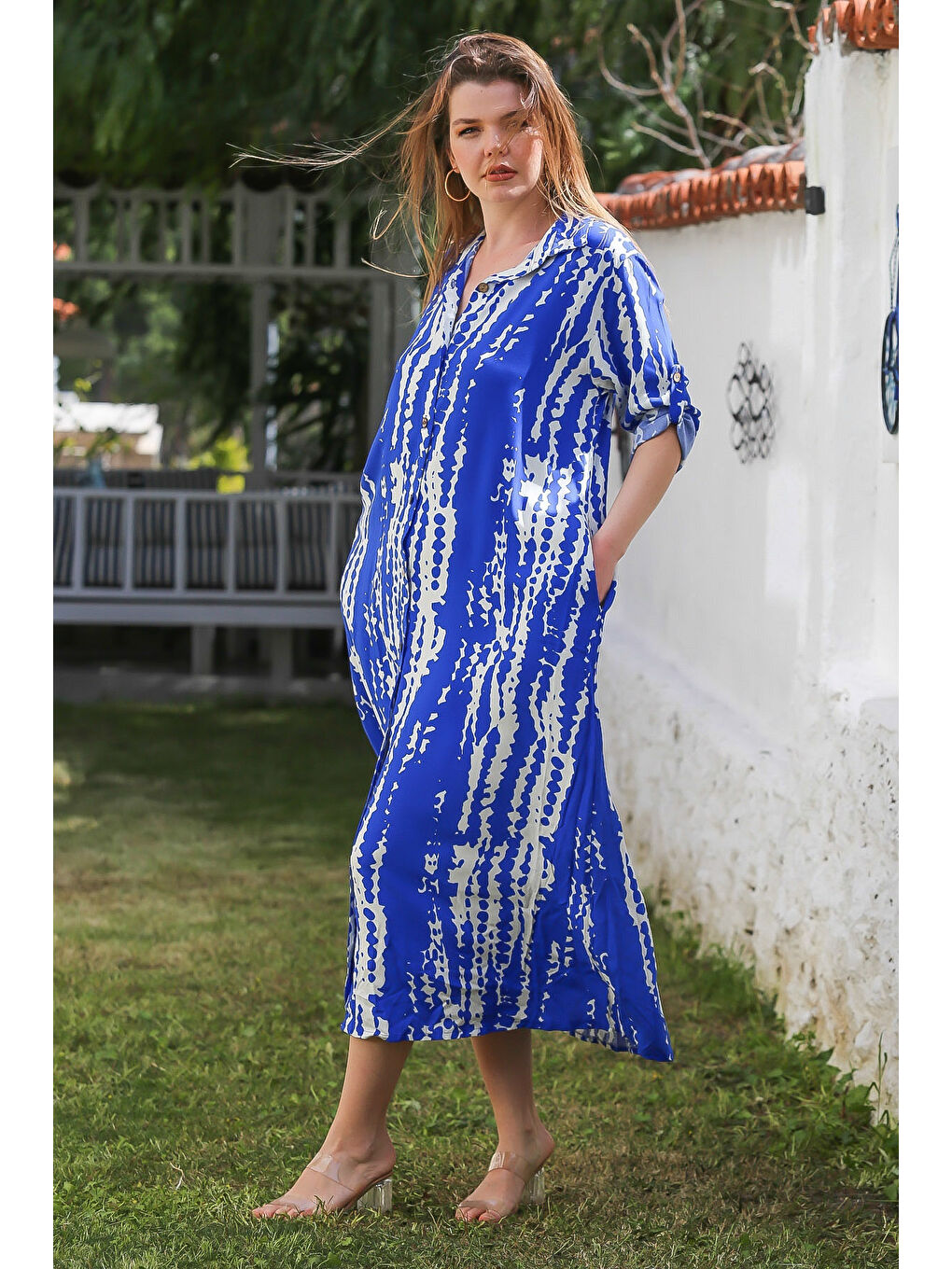 Mavi Gömlek Yaka Düğmeli Uzun Kollu Gizli Cepli Allover Baskılı Viskon Dokuma Elbise 130 60-6