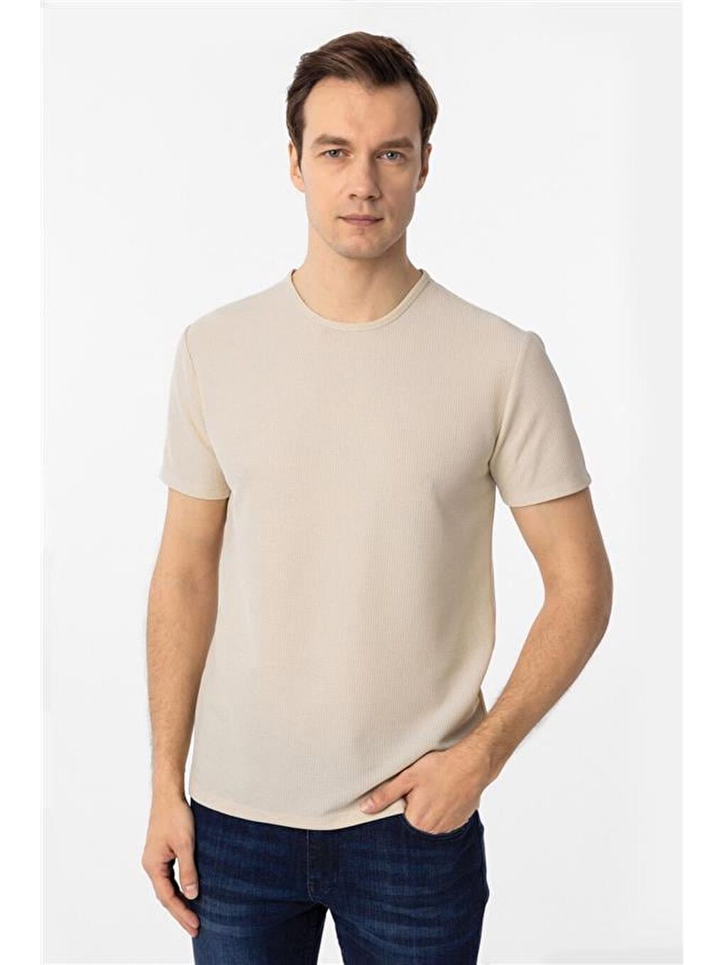 Bej Slim Armürlü Bisiklet Yaka Tişört