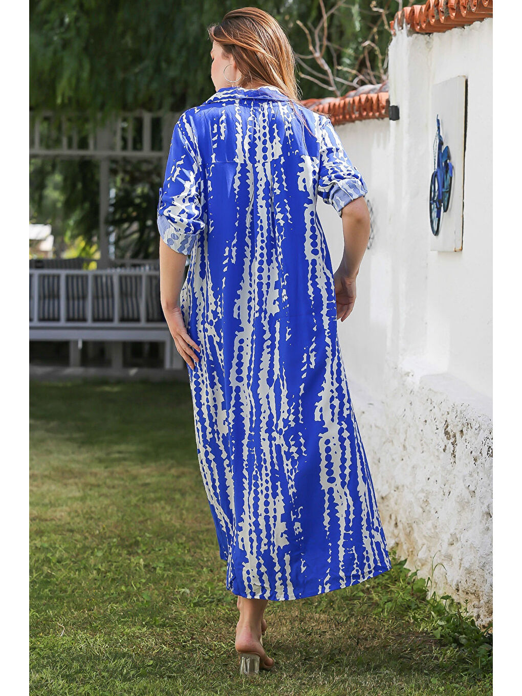 Mavi Gömlek Yaka Düğmeli Uzun Kollu Gizli Cepli Allover Baskılı Viskon Dokuma Elbise 130 60-7