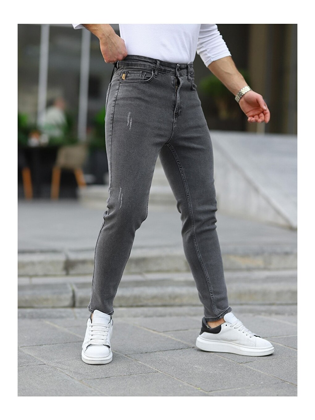 Gri Erkek Elastanlı Boyfriend Jean Denim Pantolon