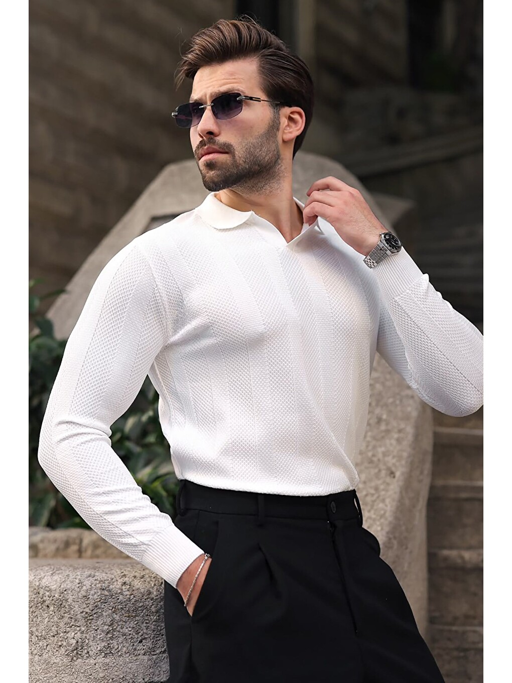 Beyaz Regular Fit Polo Yaka Triko Erkek Kazak E7509